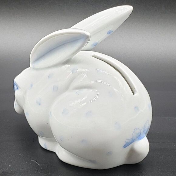 Abbott Collection Small White Porcelain Blue Spotted Rabbit Coin Bank w/Stopper - Picture 11 of 16